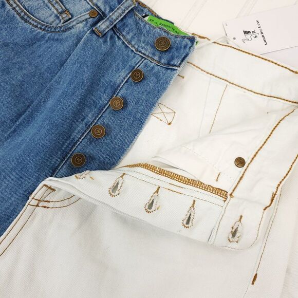 Free People x Sandrine Rose Wide Leg Color Block Retro Jeans in Milky Way - Picture 8 of 14